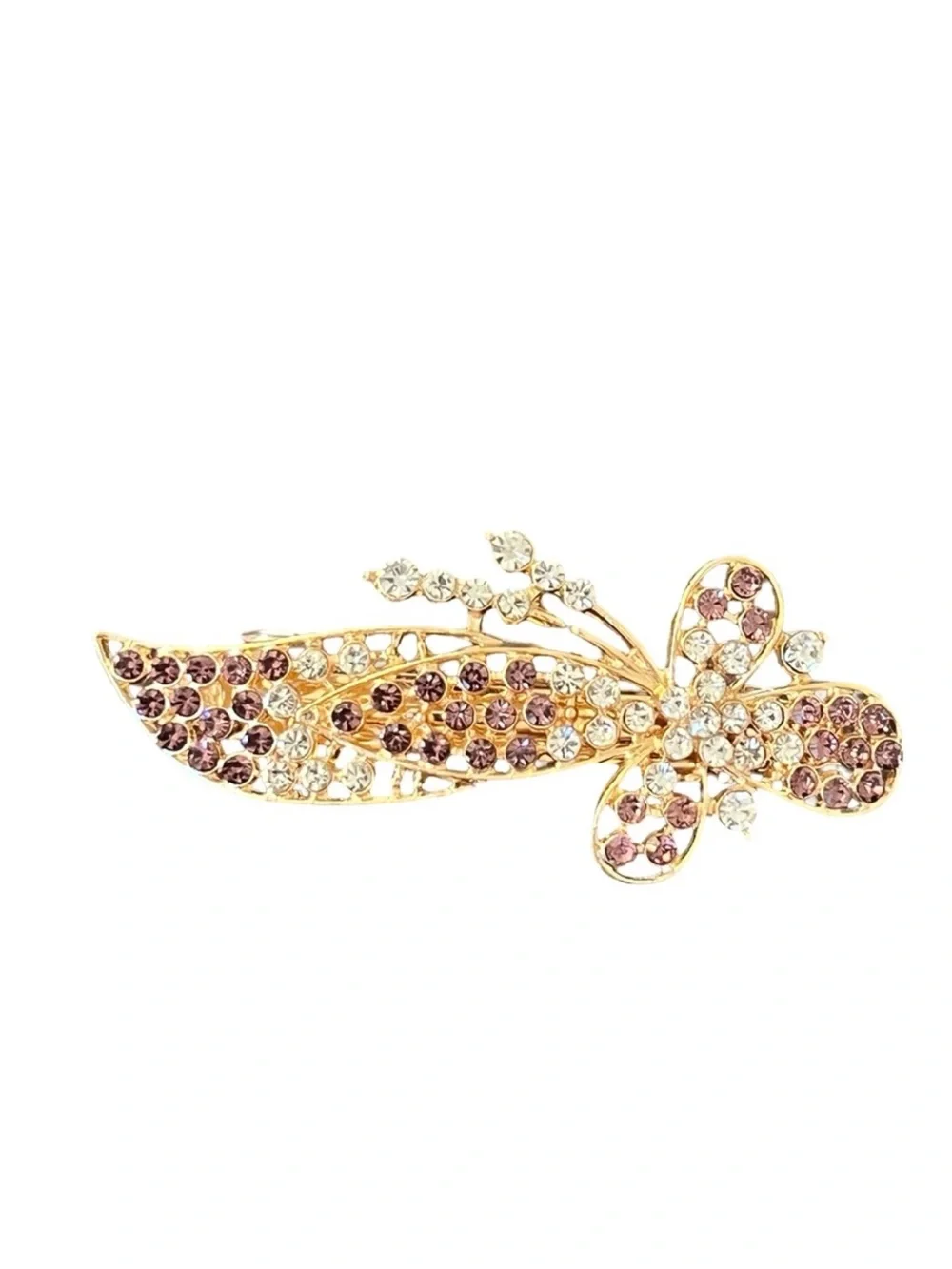 Gold Tone Pink Crystal Butterfly Floral Hair Clip FINAL PRICE DROP
